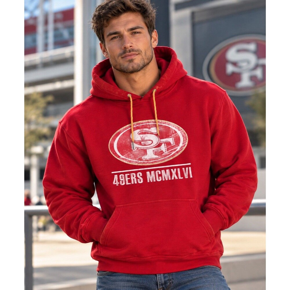 Y2K VTG San Francisco 49ers Long Sleeve Hoodie Red XL MCMXLVI(1946) XL